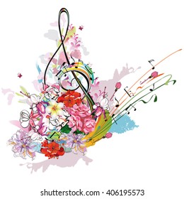 Summer music with flowers and butterfly, colorful splashes.