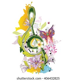 Summer music with flowers and butterfly, colorful splashes.