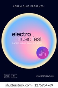Summer music. Fluid holographic gradient shape and line. Electronic sound. Night dance lifestyle holiday. Minimal trance party cover layout. Fest poster and flyer for summer music.