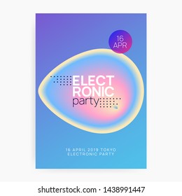 Summer music. Minimal trance event cover design. Fluid holographic gradient shape and line. Electronic sound. Night dance lifestyle holiday. Fest poster and flyer for summer music.