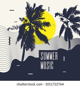 Música de verão. Poster moderno com palmeira. Ilustração vetorial.