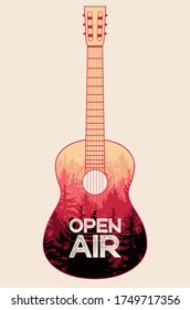 Summer music open air festival poster with coniferous landscape inside the guitar. Retro vector illustration.