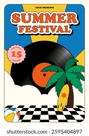 Summer music party festival poster template background decorative with vinyl record. Can be use for poster; invitation, brochure, print, banner, leaflet, flyer, vector illustration