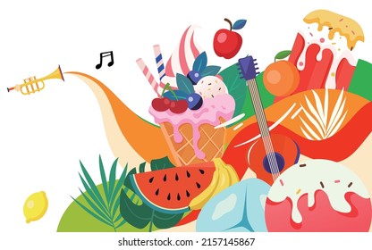 Summer Music Party, Summer Food Ice Cream To Cool Off The Heat, Vector Illustration