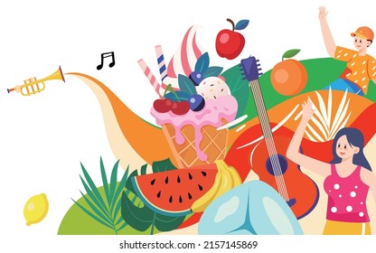 Summer Music Party, Summer Food Ice Cream To Cool Off The Heat, Vector Illustration