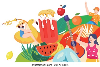 Summer music party, summer food ice cream to cool off the heat, vector illustration