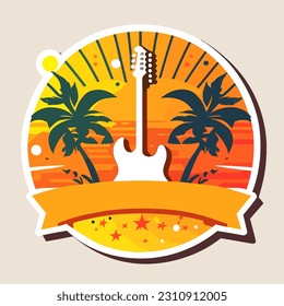 Summer music party. Guitar and palm trees against a backdrop of sunshine. Cartoon vector illustration. Invitation, label, sticker