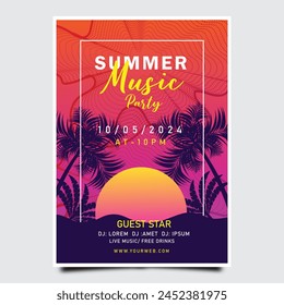 Summer music party poster template. Electronic music fest and electro summer wave poster. Club party flyer