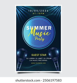 Summer music party poster template. Electronic music fest and electro summer wave poster. Club party flyer