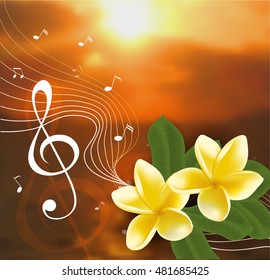 Summer music party template with realistic frangipani,  notes and key. Vector illustration.