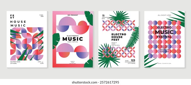 Summer music poster design background vector set. Electro Sound Cover template with vibrant abstract gradient geometric shape, line wave, tropical leaf. Design for social media, party, music festival.