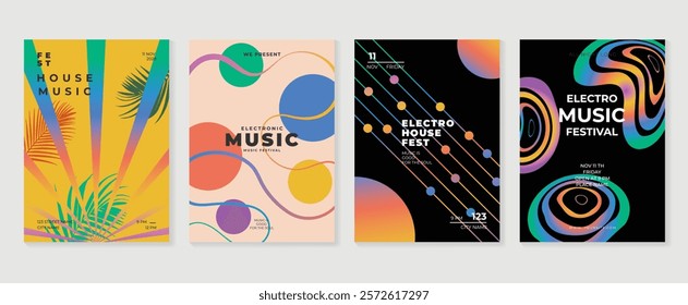 Summer music poster design background vector set. Electro Sound Cover template with vibrant abstract gradient geometric shape, line wave, tropical leaf. Design for social media, party, music festival.