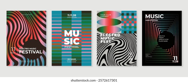 Summer music poster design background vector set. Electro Sound Cover template with vibrant abstract gradient geometric shape, line wave. Design for social media, party, music festival.