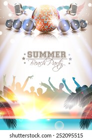 Summer music poster with instruments, silhouettes and beach - Vector with place for your text