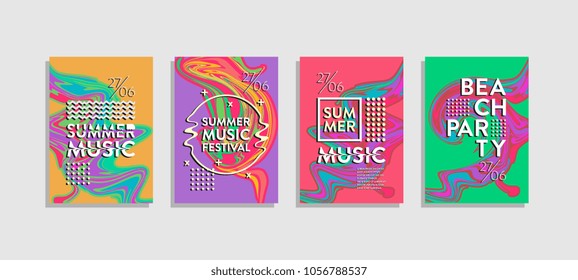 Summer music poster with liquid. Colorful  abstract cover set,