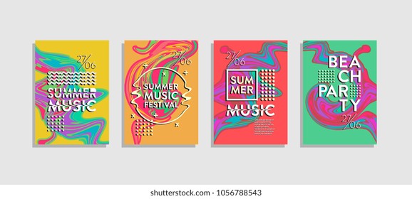 Summer music poster with liquid. Colorful  abstract cover set,