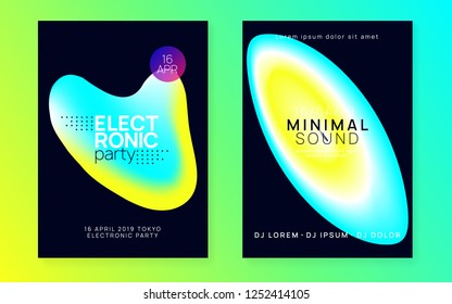 Summer music set. Abstract trance party magazine layout. Fluid holographic gradient shape and line. Electronic sound. Night dance lifestyle holiday. Fest poster and flyer for summer music.