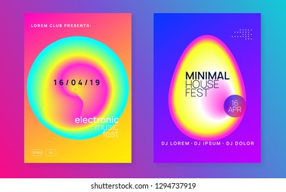 Summer music set. Abstract trance concert cover design. Electronic sound. Night dance lifestyle holiday. Fluid holographic gradient shape and line. Fest poster and flyer for summer music.