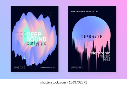 Summer music set. Bright disco club brochure layout. Electronic sound. Night dance lifestyle holiday. Fluid holographic gradient shape and line. Fest poster and flyer for summer music.