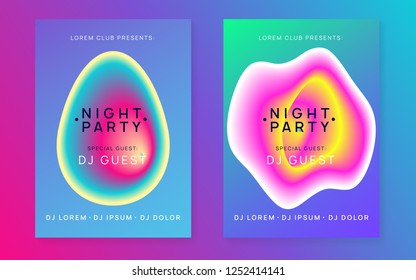 Summer music set. Bright electro club invitation layout. Fluid holographic gradient shape and line. Electronic sound. Night dance lifestyle holiday. Fest poster and flyer for summer music.