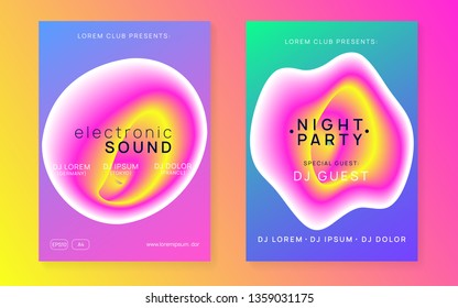 Summer music set. Bright electro show brochure layout. Electronic sound. Night dance lifestyle holiday. Fluid holographic gradient shape and line. Fest poster and flyer for summer music.