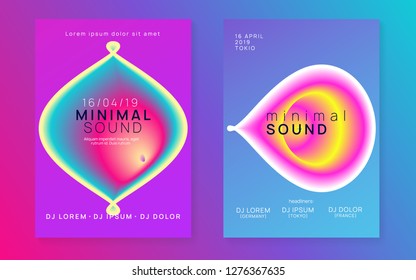 Summer music set. Commercial house concert brochure layout. Fluid holographic gradient shape and line. Electronic sound. Night dance lifestyle holiday. Fest poster and flyer for summer music.