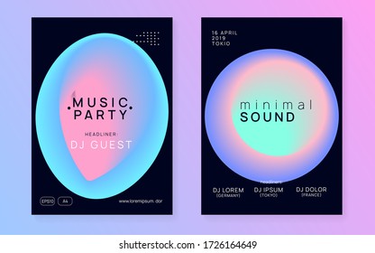 Summer music set. Commercial techno club brochure design. Fluid holographic gradient shape and line. Electronic sound. Night dance lifestyle holiday. Fest poster and flyer for summer music.