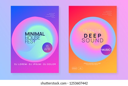 Summer music set. Cool electro party magazine template. Electronic sound. Night dance lifestyle holiday. Fluid holographic gradient shape and line. Fest poster and flyer for summer music.