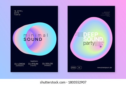 Summer music set. Creative electro club brochure template. Fluid holographic gradient shape and line. Electronic sound. Night dance lifestyle holiday. Fest poster and flyer for summer music.