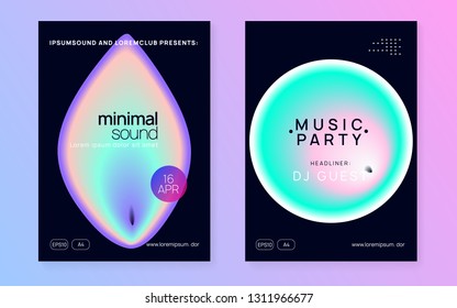 Summer music set. Dynamic disco concert brochure template. Electronic sound. Night dance lifestyle holiday. Fluid holographic gradient shape and line. Fest poster and flyer for summer music.