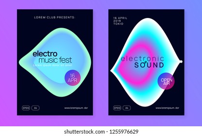 Summer music set. Electronic sound. Night dance lifestyle holiday. Dynamic electro party banner template. Fluid holographic gradient shape and line. Fest poster and flyer for summer music.
