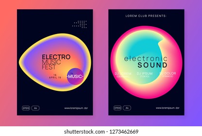 Summer music set. Electronic sound. Night dance lifestyle holiday. Fluid holographic gradient shape and line. Feminine trance concert presentation layout. Fest poster and flyer for summer music.