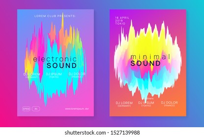 Summer music set. Electronic sound. Night dance lifestyle holiday. Fluid holographic gradient shape and line. Dynamic trance club banner design. Fest poster and flyer for summer music.