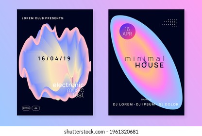 Summer music set. Electronic sound. Night dance lifestyle holiday. Creative trance concert brochure template. Fluid holographic gradient shape and line. Fest poster and flyer for summer music.