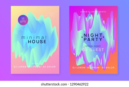 Summer music set. Fluid holographic gradient shape and line. Cool house event presentation template. Electronic sound. Night dance lifestyle holiday. Fest poster and flyer for summer music.