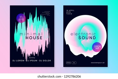Summer music set. Fluid holographic gradient shape and line. Electronic sound. Night dance lifestyle holiday. Feminine techno concert magazine template. Fest poster and flyer for summer music.