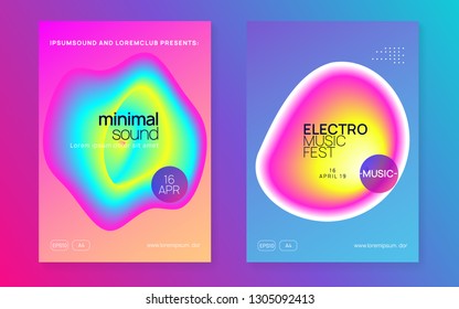 Summer music set. Fluid holographic gradient shape and line. Dynamic techno concert cover template. Electronic sound. Night dance lifestyle holiday. Fest poster and flyer for summer music.