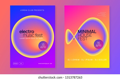 Summer music set. Fluid holographic gradient shape and line. Minimal disco show cover layout. Electronic sound. Night dance lifestyle holiday. Fest poster and flyer for summer music.