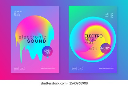 Summer music set. Fluid holographic gradient shape and line. Electronic sound. Night dance lifestyle holiday. Trendy trance show cover layout. Fest poster and flyer for summer music.
