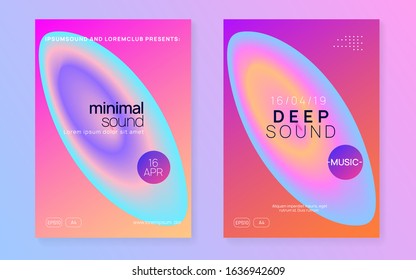 Summer music set. Fluid holographic gradient shape and line. Wavy house concert banner design. Electronic sound. Night dance lifestyle holiday. Fest poster and flyer for summer music.