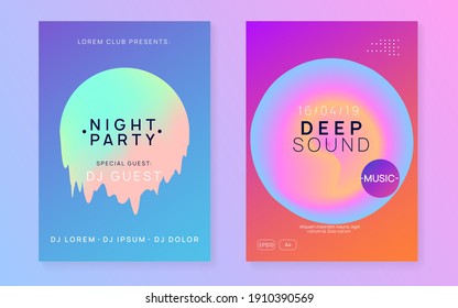 Summer music set. Fluid holographic gradient shape and line. Bright electro show presentation layout. Electronic sound. Night dance lifestyle holiday. Fest poster and flyer for summer music.