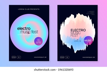 Summer music set. Fluid holographic gradient shape and line. Electronic sound. Night dance lifestyle holiday. Abstract house party cover template. Fest poster and flyer for summer music.