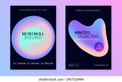 Summer music set. Fluid holographic gradient shape and line. Electronic sound. Night dance lifestyle holiday. Dynamic techno club cover design. Fest poster and flyer for summer music.