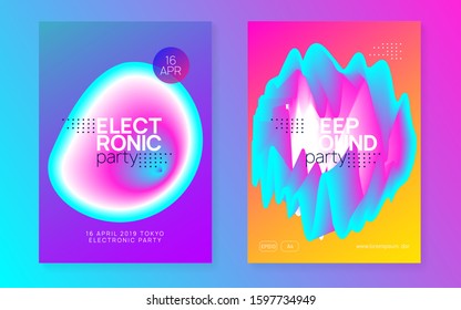 Summer music set. Futuristic electro party brochure template. Electronic sound. Night dance lifestyle holiday. Fluid holographic gradient shape and line. Fest poster and flyer for summer music.