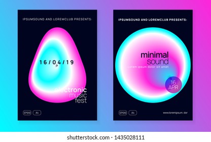 Summer music set. Geometric techno event magazine template. Fluid holographic gradient shape and line. Electronic sound. Night dance lifestyle holiday. Fest poster and flyer for summer music.