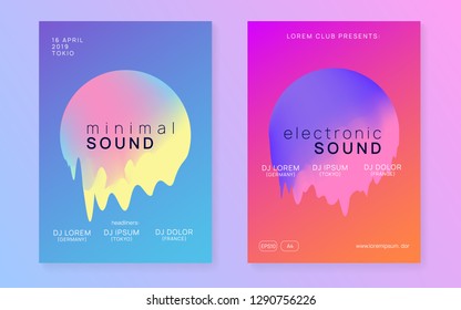 Summer music set. Minimal indie club cover design. Electronic sound. Night dance lifestyle holiday. Fluid holographic gradient shape and line. Fest poster and flyer for summer music.