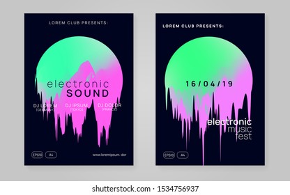 Summer music set. Trendy electro event magazine design. Electronic sound. Night dance lifestyle holiday. Fluid holographic gradient shape and line. Fest poster and flyer for summer music.