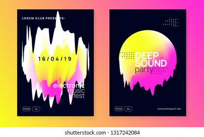 Summer music set. Trendy techno club brochure design. Fluid holographic gradient shape and line. Electronic sound. Night dance lifestyle holiday. Fest poster and flyer for summer music.