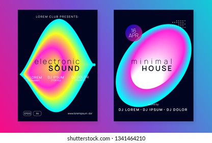 Summer music set. Trendy techno event invitation layout. Electronic sound. Night dance lifestyle holiday. Fluid holographic gradient shape and line. Fest poster and flyer for summer music.