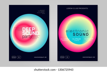 Summer music set. Trendy trance party brochure layout. Electronic sound. Night dance lifestyle holiday. Fluid holographic gradient shape and line. Fest poster and flyer for summer music.